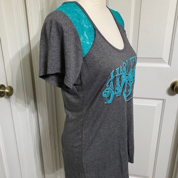 L Harley Davidson T-Shirt w/Lace Inset Yoke - Picture 2 of 7